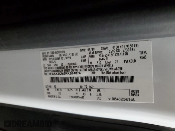 2019 Ford Transit Passenger XL with VIN 1FBAX2CM5KKB64074, listed as a Copart auction lot 69268854 with Not provided miles and Salvage title. Bid and sale history available at DreamBid. Image 14.