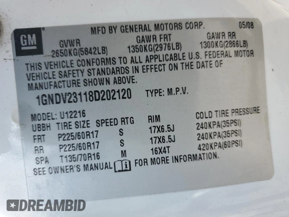 2008 Chevrolet Uplander LS with VIN 1GNDV23118D202120, listed as a Copart auction lot 72910414 with 165,637 mi miles and Salvage Title. Bid and sale history available at carsss.com. Image 14.