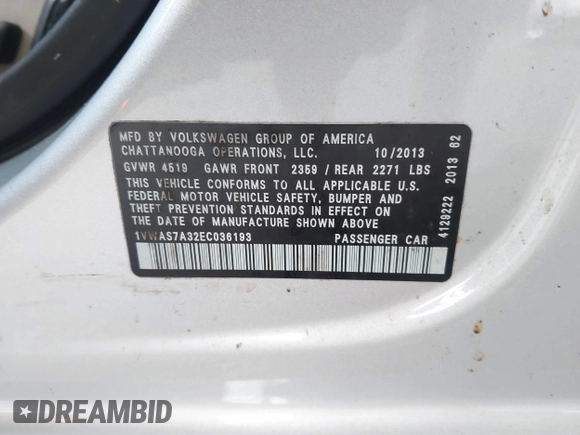 2014 Volkswagen Passat Wolfsburg Edition with VIN 1VWAS7A32EC036193, listed as a IAAI auction lot 41606595 with 77,536 mi miles and . Bid and sale history available at DreamBid. Image 9.