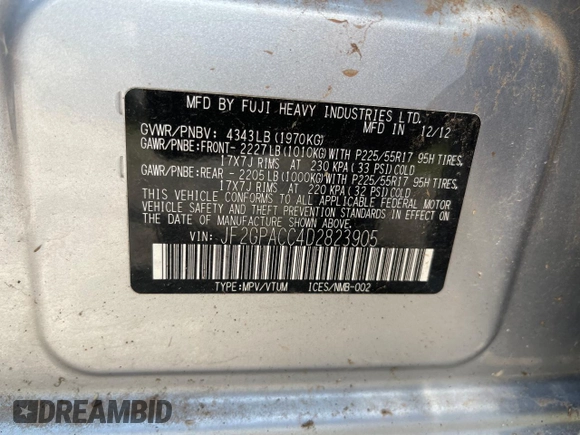 2013 Subaru Crosstrek Premium с VIN JF2GPACC4D2823905, выставлен на аукционе Copart как лот 63143325 с пробегом 160 751 миль миль и Чистый • Clean title. История ставок и продаж доступна на DreamBid. Изображение 10.