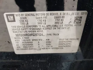 2015 GMC Sierra 1500 Denali with VIN 3GTU2WEC8FG297024, listed as a IAAI auction lot 41653424 with 195,080 mi miles. Bid and sale history available at carsss.com. Image 9.