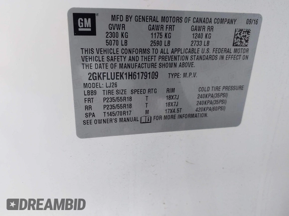 2017 GMC Terrain SLT with VIN 2GKFLUEK1H6179109, listed as a IAAI auction lot 41485634 with 145,000 mi miles. Bid and sale history available at carsss.com. Image 9.