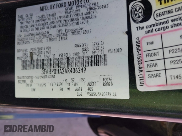 2010 Ford Fusion SE with VIN 3FAHP0HA2AR406249, listed as a IAAI auction lot 42223761 with 119,615 mi miles and . Bid and sale history available at DreamBid. Image 9.