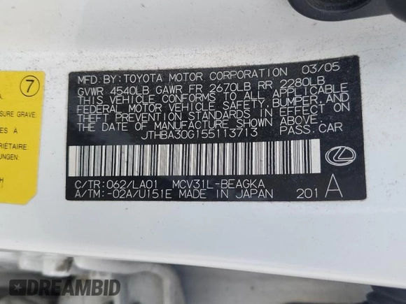2005 Lexus ES 350 с VIN JTHBA30G155113713, выставлен на аукционе Copart как лот 82008504 с пробегом 285 295 миль миль и Списание • Salvage title. История ставок и продаж доступна на DreamBid. Изображение 12.