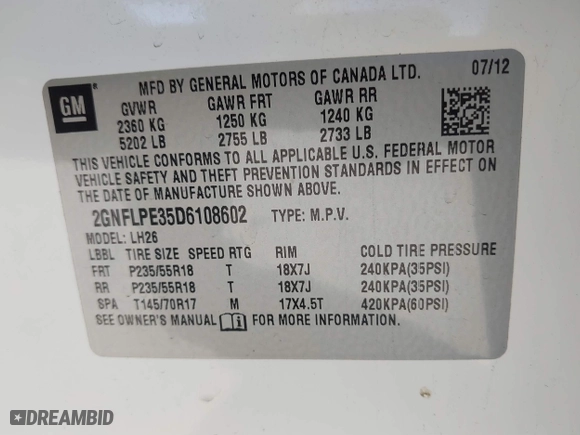2013 Chevrolet Equinox LT with VIN 2GNFLPE35D6108602, listed as a IAAI auction lot 41649645 with 129,042 mi miles. Bid and sale history available at carsss.com. Image 9.