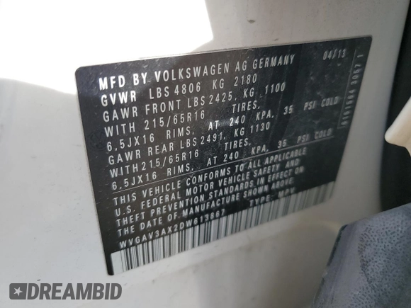 2013 Volkswagen Tiguan S z VIN WVGAV3AX2DW613867, wystawiony jako Copart lot #43034845 z przebiegiem 119 636 mil mil oraz Szkoda całkowita • Salvage title. Historia ofert i sprzedaży dostępna na DreamBid. Obrazek 13.