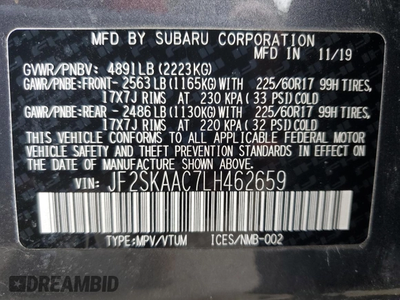 2020 Subaru Forester z VIN JF2SKAAC7LH462659, wystawiony jako Copart lot #57555265 z przebiegiem 78 507 mil mil oraz Szkoda całkowita • Salvage title. Historia ofert i sprzedaży dostępna na DreamBid. Obrazek 13.
