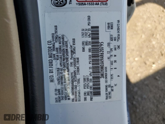 2010 Mercury Milan Premier z VIN 3MEHM0JA9AR620795, wystawiony jako Copart lot #54304525 z przebiegiem 127 422 mil mil oraz Szkoda całkowita • Salvage title. Historia ofert i sprzedaży dostępna na DreamBid. Obrazek 12.