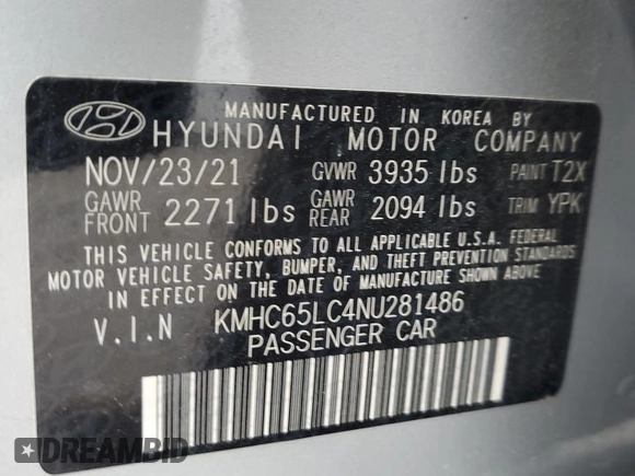 2022 Hyundai Ioniq Blue with VIN KMHC65LC4NU281486, listed as a Copart auction lot 56643665 with 53,396 mi miles and Salvage title. Bid and sale history available at DreamBid. Image 14.