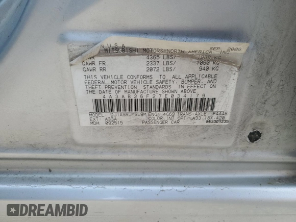 2007 Mitsubishi Galant DE z VIN 4A3AB26F27E034179, wystawiony jako Copart lot #88202485 z przebiegiem 197 830 mil mil oraz Szkody całkowita. Historia ofert i sprzedaży dostępna na DreamBid. Obrazek 12.