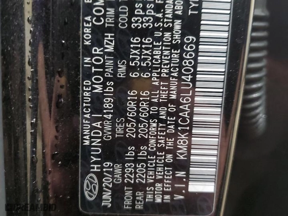 2020 Hyundai Kona SE with VIN KM8K1CAA6LU408669, listed as a Copart auction lot 52860835 with 88,660 mi miles and Clean Title. Bid and sale history available at carsss.com. Image 12.