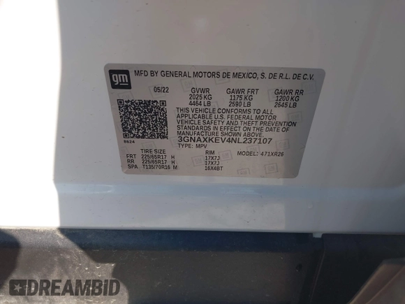 2022 Chevrolet Equinox LT with VIN 3GNAXKEV4NL237107, listed as a IAAI auction lot 41949948 with 23,113 mi miles and . Bid and sale history available at DreamBid. Image 9.