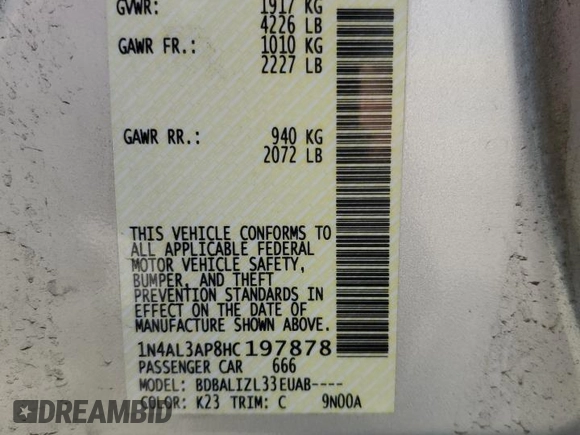 2017 Nissan Altima SV with VIN 1N4AL3AP8HC197878, listed as a Copart auction lot 58152005 with 92,849 mi miles and Salvage title. Bid and sale history available at DreamBid. Image 12.