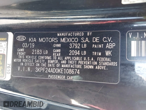 2019 Kia Forte LXS with VIN 3KPF24AD0KE108674, listed as a IAAI auction lot 41764134 with 83,887 mi miles. Bid and sale history available at carsss.com. Image 9.