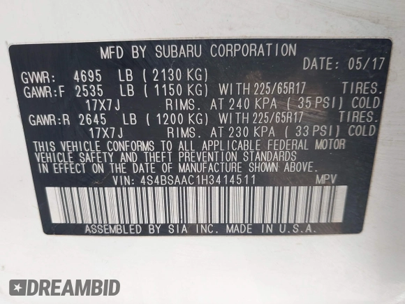 2017 Subaru Outback with VIN 4S4BSAAC1H3414511, listed as a IAAI auction lot 42120747 with 77,087 mi miles and . Bid and sale history available at DreamBid. Image 9.