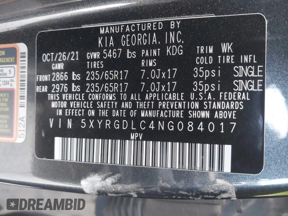 2022 Kia Sorento LX with VIN 5XYRGDLC4NG084017, listed as a IAAI auction lot 41835579 with 46,185 mi miles and . Bid and sale history available at DreamBid. Image 9.