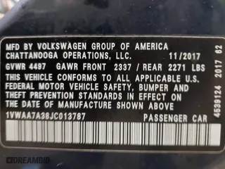 2018 Volkswagen Passat 2.0T S with VIN 1VWAA7A38JC013787, listed as a IAAI auction lot 41587362 with 127,970 mi miles. Bid and sale history available at carsss.com. Image 9.