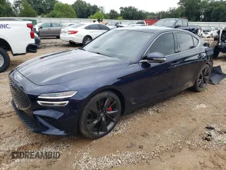 2023 Genesis G70 3.3T with VIN KMTG54TE1PU106024, listed as a Copart auction lot 70501604 with 24,470 mi miles and Salvage Title. Bid and sale history available at carsss.com. Image 1.
