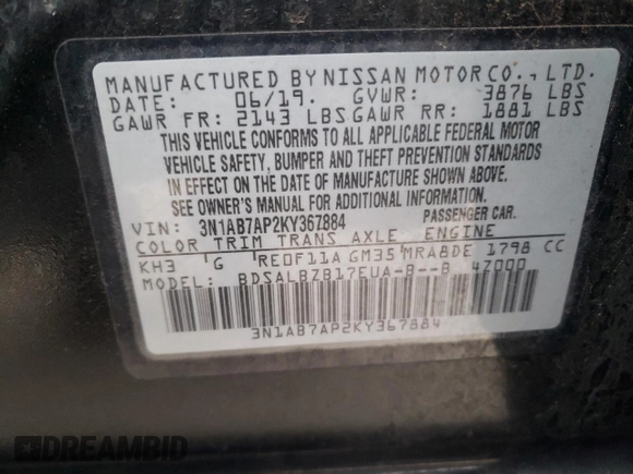 2019 Nissan Sentra S with VIN 3N1AB7AP2KY367884, listed as a Copart auction lot 86166914 with 65,029 mi miles and Salvage title. Bid and sale history available at DreamBid. Image 15.