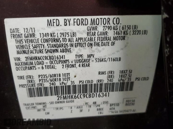 2012 Ford Flex SEL z VIN 2FMHK6CC9CBD16341, wystawiony jako Copart lot #41493825 z przebiegiem Nie podano mil oraz Szkoda całkowita • Salvage title. Historia ofert i sprzedaży dostępna na DreamBid. Obrazek 16.