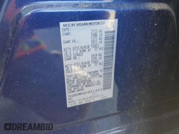 2017 Nissan Pathfinder Platinum with VIN 5N1DR2MN5HC641403, listed as a Copart auction lot 41779925 with 64,242 mi miles and Salvage Title. Bid and sale history available at carsss.com. Image 14.