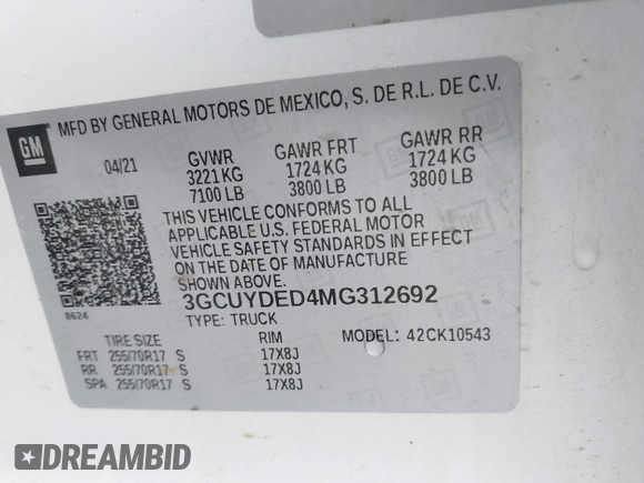 2021 Chevrolet Silverado 1500 LT with VIN 3GCUYDED4MG312692, listed as a IAAI auction lot 41922874 with 141,479 mi miles. Bid and sale history available at carsss.com. Image 9.