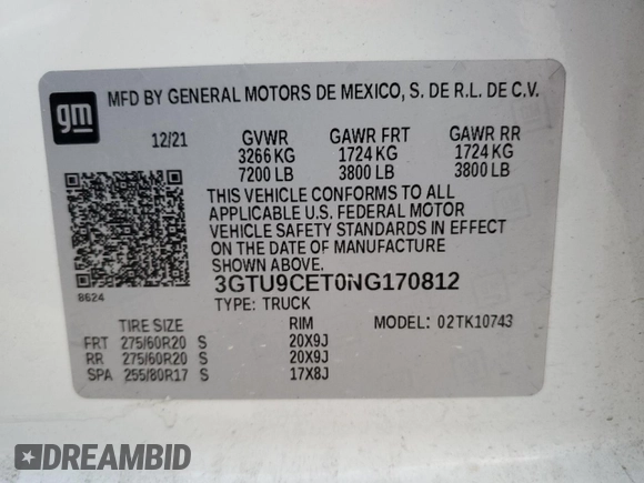 2022 GMC Sierra 1500 Elevation with VIN 3GTU9CET0NG170812, listed as a Copart auction lot 76129774 with 56,539 mi miles and Salvage Title. Bid and sale history available at DreamBid. Image 13.