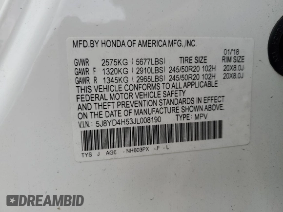 2018 Acura MDX Technology with VIN 5J8YD4H53JL008190, listed as a Copart auction lot 55620065 with 70,180 mi miles and Salvage title. Bid and sale history available at DreamBid. Image 14.