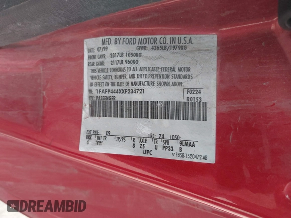 1999 Ford Mustang with VIN 1FAFP444XXF234721, listed as a IAAI auction lot 38667030 with 152,122 mi miles and . Bid and sale history available at DreamBid. Image 9.