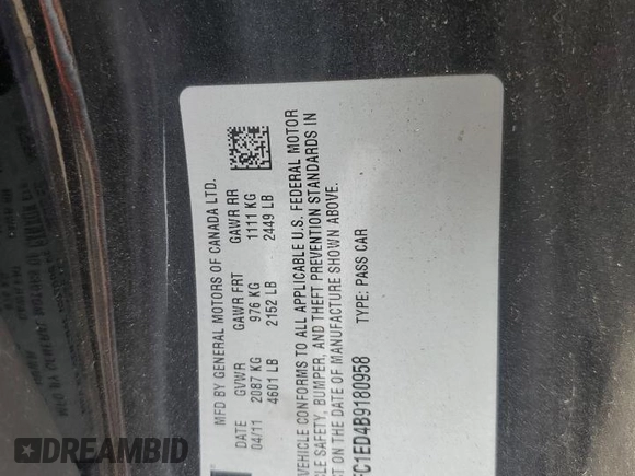2011 Chevrolet Camaro 2LT with VIN 2G1FC1ED4B9180958, listed as a Copart auction lot 60477415 with 164,265 mi miles and Clean title. Bid and sale history available at DreamBid. Image 12.