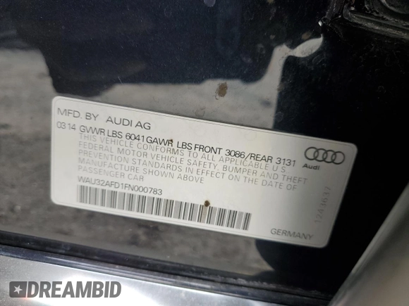 2015 Audi A8 L 4.0T with VIN WAU32AFD1FN000783, listed as a Copart auction lot 89306805 with 115,241 mi miles and Salvage Title. Bid and sale history available at carsss.com. Image 13.