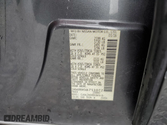 2016 Nissan Frontier SV with VIN 1N6AD0ER5GN751072, listed as a Copart auction lot 59817055 with 80,792 mi miles and Salvage title. Bid and sale history available at DreamBid. Image 13.