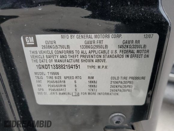 2008 Chevrolet TrailBlazer 1LT with VIN 1GNDT13S882194151, listed as a Copart auction lot 83656944 with 246,688 mi miles and Clean Title. Bid and sale history available at DreamBid. Image 15.