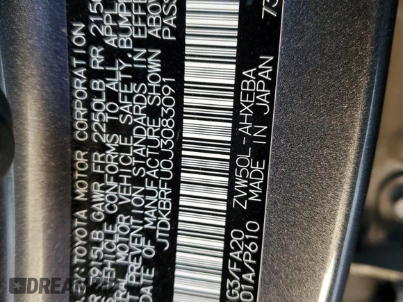 2018 Toyota Prius Two with VIN JTDKBRFU0J3083091, listed as a Copart auction lot 47052605 with Not Provided miles and Salvage Title. Bid and sale history available at DreamBid. Image 12.