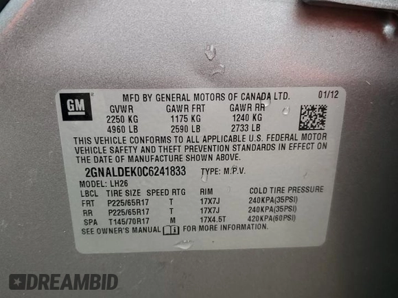 2012 Chevrolet Equinox 1LT z VIN 2GNALDEK0C6241833, wystawiony jako Copart lot #53895905 z przebiegiem 171 667 mil mil oraz Szkody całkowita. Historia ofert i sprzedaży dostępna na DreamBid. Obrazek 13.