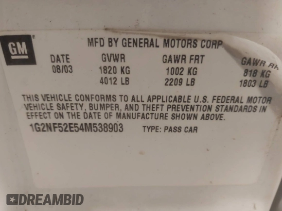 2004 Pontiac Grand Am SE1 with VIN 1G2NF52E54M538903, listed as a IAAI auction lot 41488989 with 142,766 mi miles. Bid and sale history available at carsss.com. Image 9.