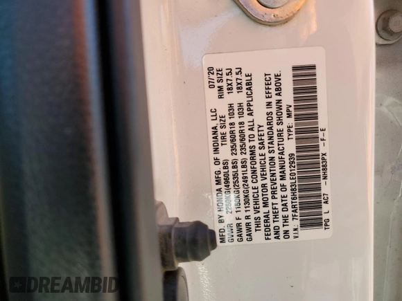 2020 Honda CR-V EX-L with VIN 7FART6H83LE012939, listed as a Copart auction lot 67102464 with 47,724 mi miles and Salvage title. Bid and sale history available at DreamBid. Image 15.