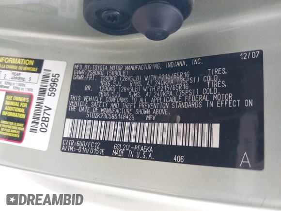 2008 Toyota Sienna CE with VIN 5TDZK23C58S148429, listed as a IAAI auction lot 42127318 with 152,163 mi miles and . Bid and sale history available at DreamBid. Image 9.