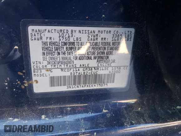 2014 Nissan Versa SV with VIN 3N1CN7APXEK439079, listed as a Copart auction lot 53649745 with 165,442 mi miles and Clean Title. Bid and sale history available at carsss.com. Image 12.