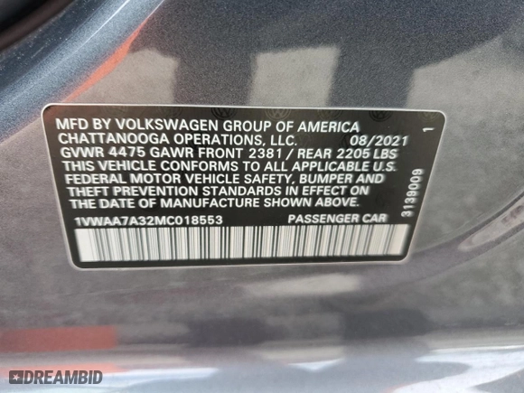 2021 Volkswagen Passat 2.0T S with VIN 1VWAA7A32MC018553, listed as a Copart auction lot 50453545 with 37,344 mi miles and Salvage Title. Bid and sale history available at carsss.com. Image 12.