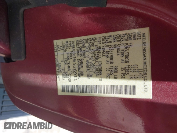 2006 Nissan Titan SE z VIN 1N6BA06B76N526911, wystawiony jako IAAI lot #42568371 z przebiegiem 215 140 mil mil oraz . Historia ofert i sprzedaży dostępna na DreamBid. Obrazek 9.