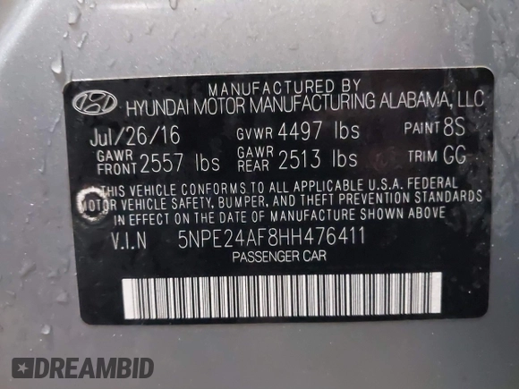 2017 Hyundai Sonata 2.4L with VIN 5NPE24AF8HH476411, listed as a IAAI auction lot 41421224 with 115,113 mi miles and . Bid and sale history available at DreamBid. Image 9.