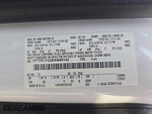 2019 Ford Transit with VIN 1FTYR1YG2KKB48142, listed as a IAAI auction lot 42729141 with 155,965 mi miles and . Bid and sale history available at DreamBid. Image 5.