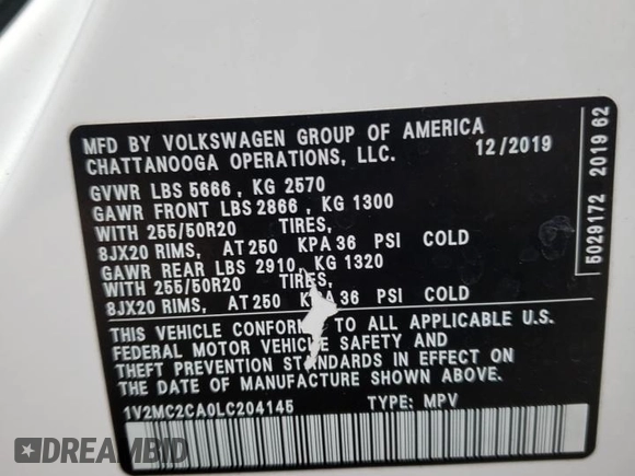 2020 Volkswagen Atlas SEL with VIN 1V2MC2CA0LC204145, listed as a Copart auction lot 72953303 with 59,549 mi miles and . Bid and sale history available at DreamBid. Image 12.
