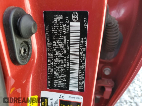 2012 Toyota Camry L with VIN 4T1BF1FK7CU562914, listed as a Copart auction lot 53163345 with 75,211 mi miles and Clean Title. Bid and sale history available at DreamBid. Image 12.