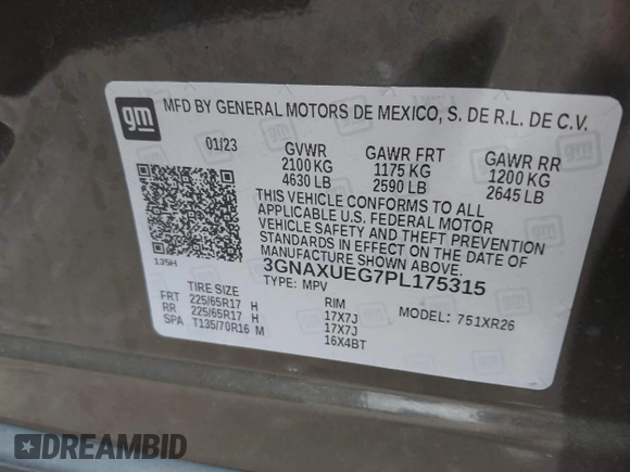 2023 Chevrolet Equinox LT с VIN 3GNAXUEG7PL175315, выставлен на аукционе IAAI как лот 42260399 с пробегом 22 800 миль миль и . История ставок и продаж доступна на DreamBid. Изображение 9.