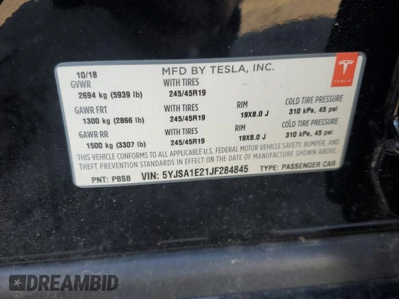 2018 Tesla Model S 75D with VIN 5YJSA1E21JF284845, listed as a Copart auction lot 62549885 with Not provided miles and Clean title. Bid and sale history available at DreamBid. Image 12.
