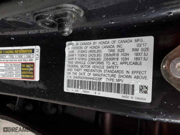 2017 Honda CR-V Touring with VIN 2HKRW2H90HH632306, listed as a Copart auction lot 46893395 with 103,490 mi miles and Salvage Title. Bid and sale history available at carsss.com. Image 12.