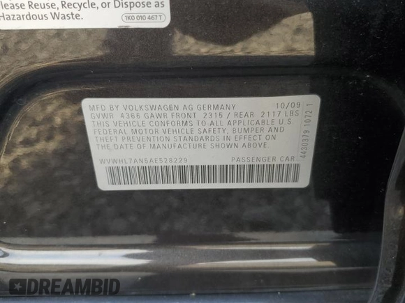 2010 Volkswagen CC Luxury with VIN WVWHL7AN5AE528229, listed as a Copart auction lot 74312554 with Not provided miles and Salvage title. Bid and sale history available at DreamBid. Image 13.