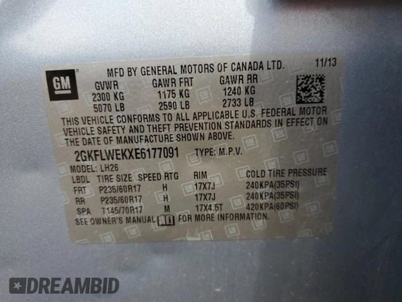 2014 GMC Terrain SLE with VIN 2GKFLWEKXE6177091, listed as a Copart auction lot 59995295 with 146,541 mi miles and Salvage title. Bid and sale history available at DreamBid. Image 13.